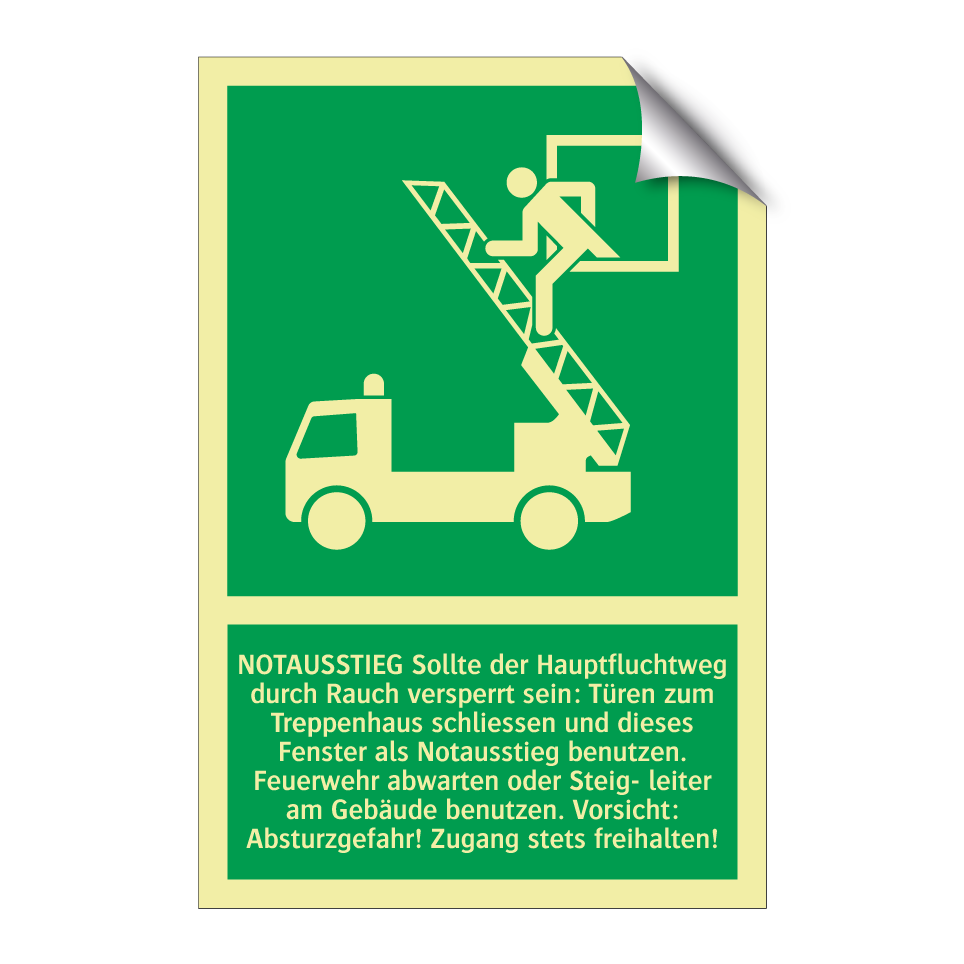 NOTAUSSTIEG Sollte der Hauptfluchtweg durch Rauch versperrt sein: Türen zum Treppenhaus schliessen und dieses Fenster als Notausstieg benutzen. Feuerwehr abwarten oder Steig- leiter am Gebäude benutzen. Vorsicht: Absturzgefahr! Zugang stets freihalten!