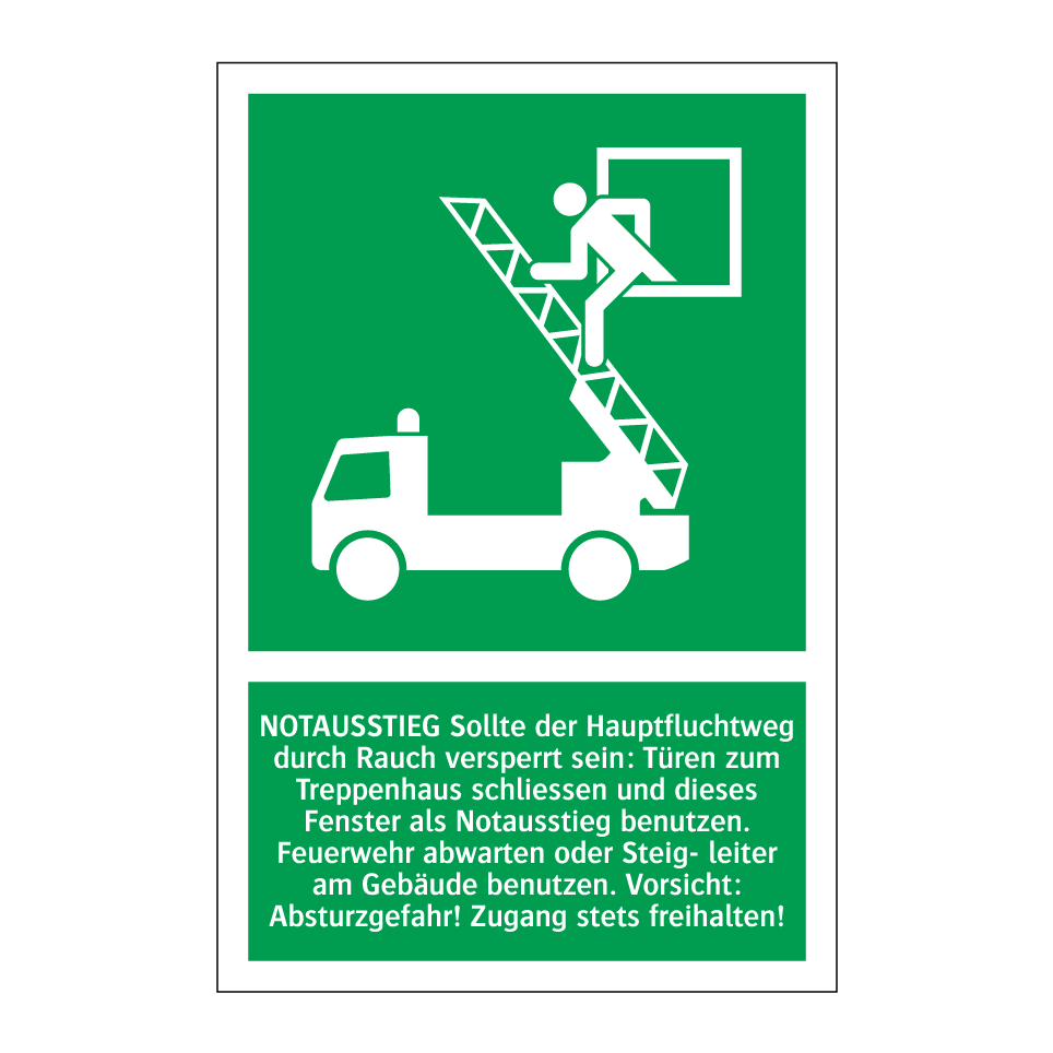 NOTAUSSTIEG Sollte der Hauptfluchtweg durch Rauch versperrt sein: Türen zum Treppenhaus schliessen und dieses Fenster als Notausstieg benutzen. Feuerwehr abwarten oder Steig- leiter am Gebäude benutzen. Vorsicht: Absturzgefahr! Zugang stets freihalten!
