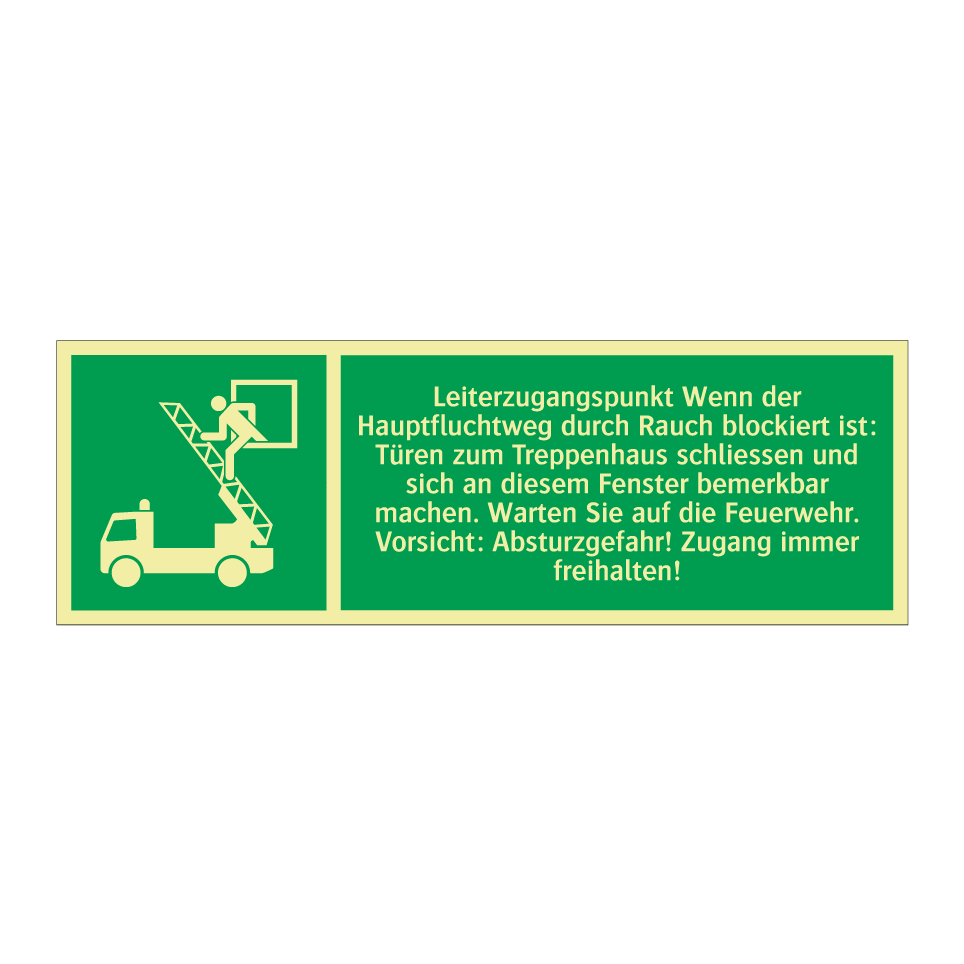 Leiterzugangspunkt Wenn der Hauptfluchtweg durch Rauch blockiert ist: Türen zum Treppenhaus schliessen und sich an diesem Fenster bemerkbar machen. Warten Sie auf die Feuerwehr. Vorsicht: Absturzgefahr! Zugang immer freihalten!