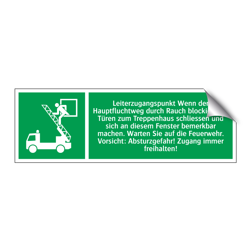 Leiterzugangspunkt Wenn der Hauptfluchtweg durch Rauch blockiert ist: Türen zum Treppenhaus schliessen und sich an diesem Fenster bemerkbar machen. Warten Sie auf die Feuerwehr. Vorsicht: Absturzgefahr! Zugang immer freihalten!