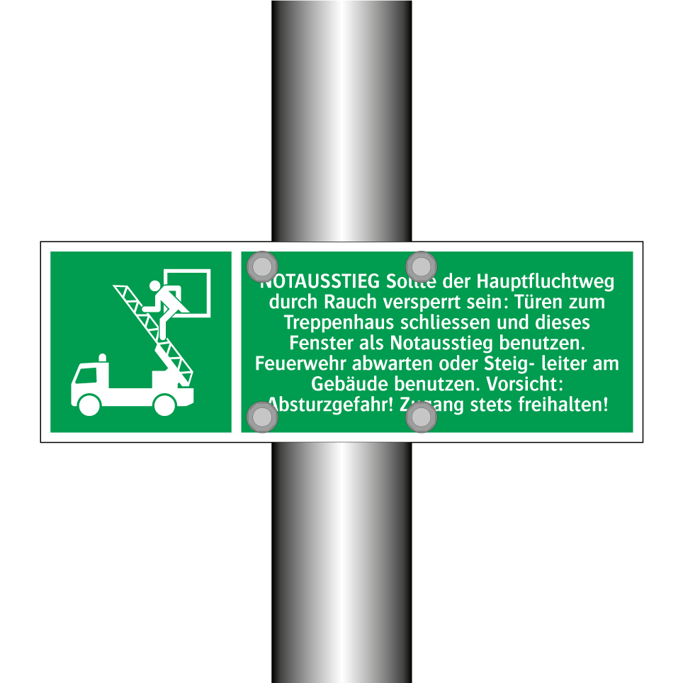 NOTAUSSTIEG Sollte der Hauptfluchtweg durch Rauch versperrt sein: Türen zum Treppenhaus schliessen und dieses Fenster als Notausstieg benutzen. Feuerwehr abwarten oder Steig- leiter am Gebäude benutzen. Vorsicht: Absturzgefahr! Zugang stets freihalten!