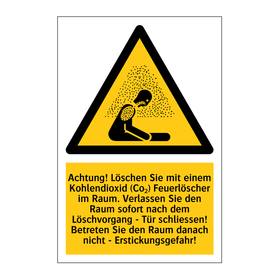 Achtung! Löschen Sie mit einem Kohlendioxid (Co₂) Feuerlöscher im Raum. Verlassen Sie den Raum sofort nach dem Löschvorgang - Tür schliessen! Betreten Sie den Raum danach nicht - Erstickungsgefahr!