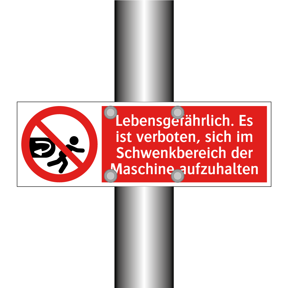 Lebensgefährlich. Es ist verboten, sich im Schwenkbereich der Maschine aufzuhalten