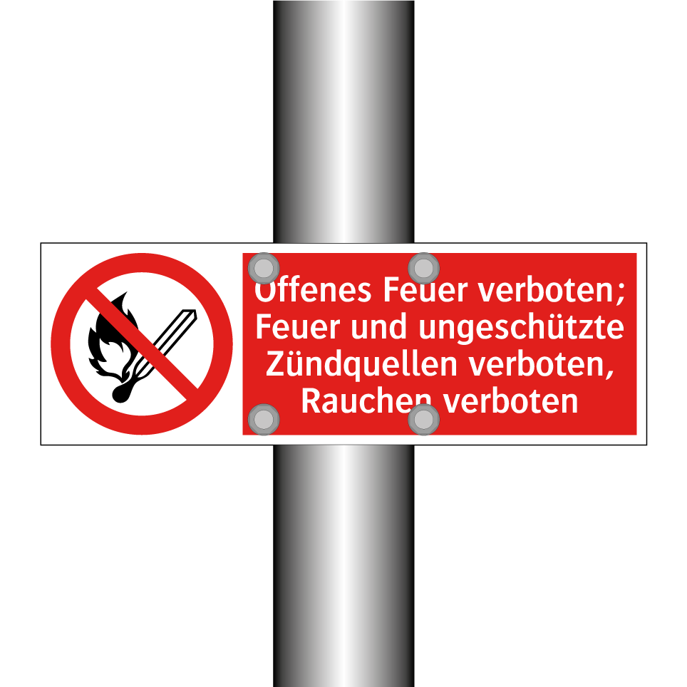 Offenes Feuer verboten; Feuer und ungeschützte Zündquellen verboten, Rauchen verboten