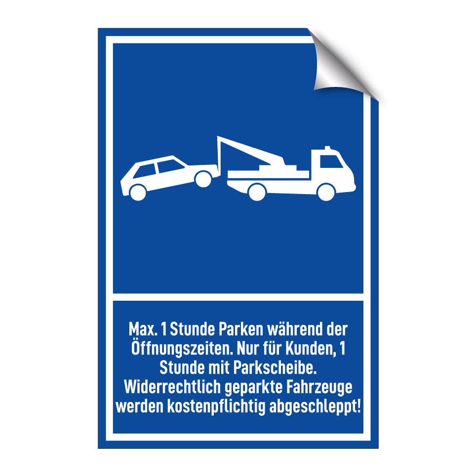 Max. 1 Stunde Parken während der Öffnungszeiten. Nur für Kunden, 1 Stunde mit Parkscheibe. Widerrechtlich geparkte Fahrzeuge werden kostenpflichtig abgeschleppt!