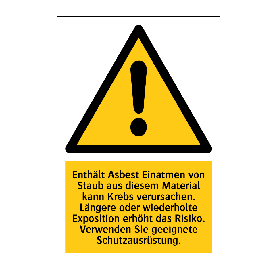 Enthält Asbest Einatmen von Staub aus diesem Material kann Krebs verursachen. Längere oder wiederholte Exposition erhöht das Risiko. Verwenden Sie geeignete Schutzausrüstung.