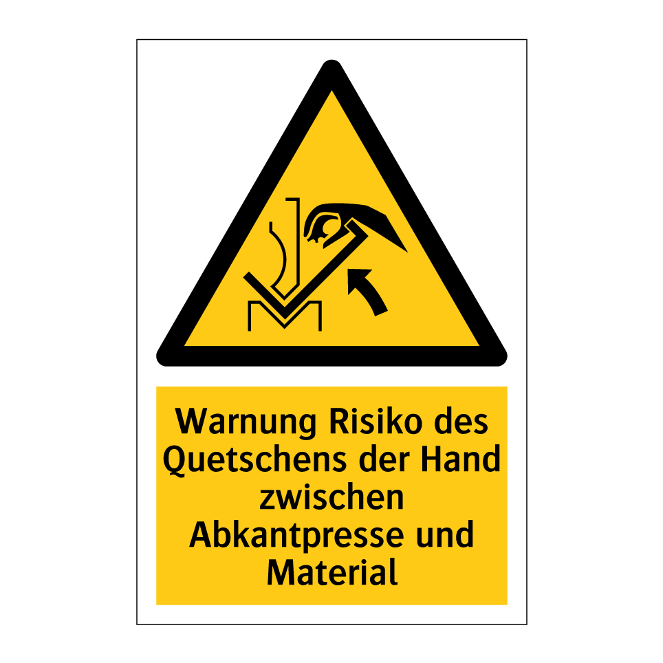 Warnung Risiko des Quetschens der Hand zwischen Abkantpresse und Material