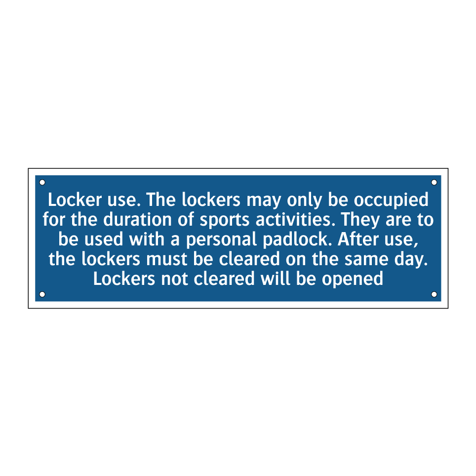 Locker use. The lockers may only be occupied for the duration of sports activities. They are to be used with a personal padlock. After use, the lockers must be cleared on the same day. Lockers not cleared will be opened