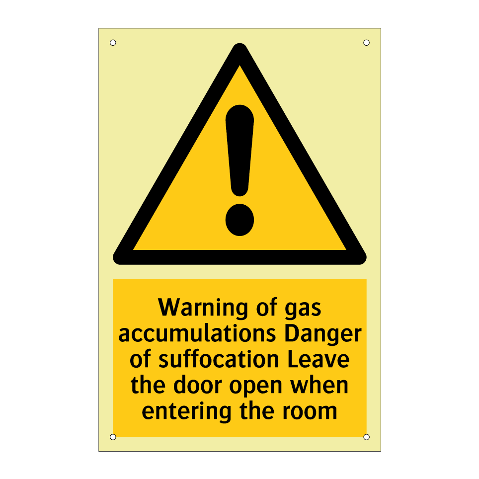 Warning of gas accumulations Danger of suffocation Leave the door open when entering the room