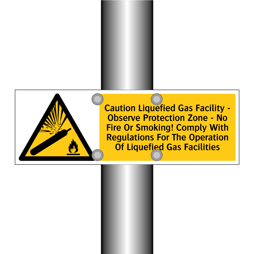 Caution Liquefied Gas Facility - Observe Protection Zone - No Fire Or Smoking! Comply With Regulations For The Operation Of Liquefied Gas Facilities