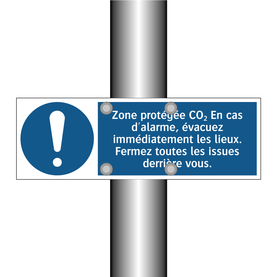 Zone protégée CO₂ En cas d'alarme, évacuez immédiatement les lieux. Fermez toutes les issues derrière vous.