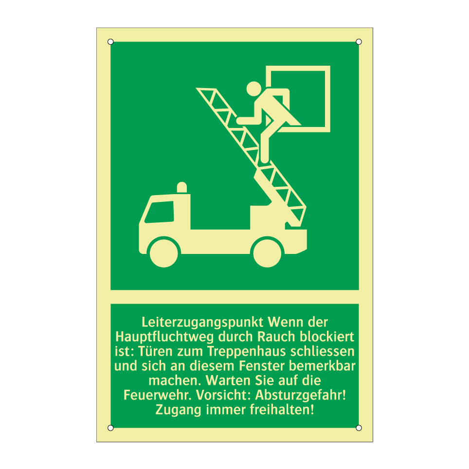 Leiterzugangspunkt Wenn der Hauptfluchtweg durch Rauch blockiert ist: Türen zum Treppenhaus schliessen und sich an diesem Fenster bemerkbar machen. Warten Sie auf die Feuerwehr. Vorsicht: Absturzgefahr! Zugang immer freihalten!