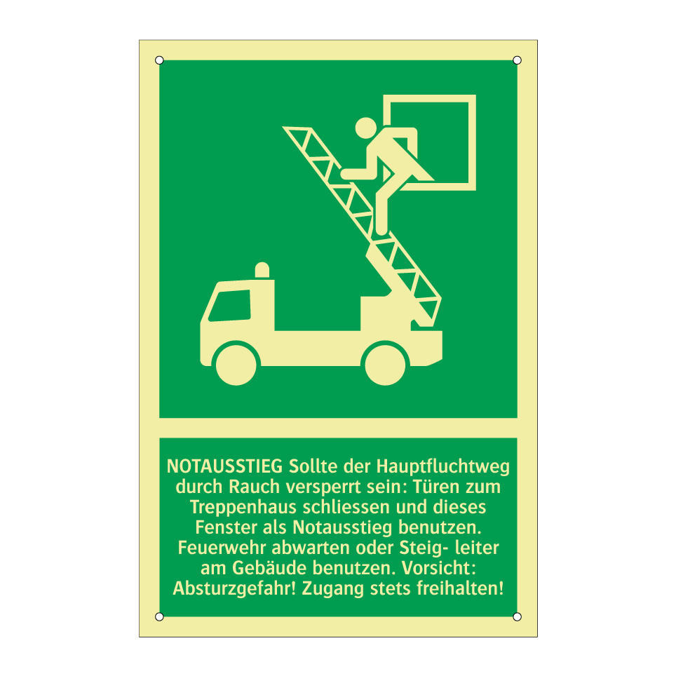 NOTAUSSTIEG Sollte der Hauptfluchtweg durch Rauch versperrt sein: Türen zum Treppenhaus schliessen und dieses Fenster als Notausstieg benutzen. Feuerwehr abwarten oder Steig- leiter am Gebäude benutzen. Vorsicht: Absturzgefahr! Zugang stets freihalten!