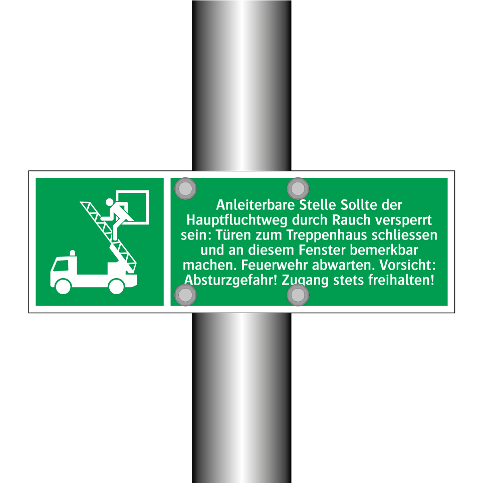 Anleiterbare Stelle Sollte der Hauptfluchtweg durch Rauch versperrt sein: Türen zum Treppenhaus schliessen und an diesem Fenster bemerkbar machen. Feuerwehr abwarten. Vorsicht: Absturzgefahr! Zugang stets freihalten!