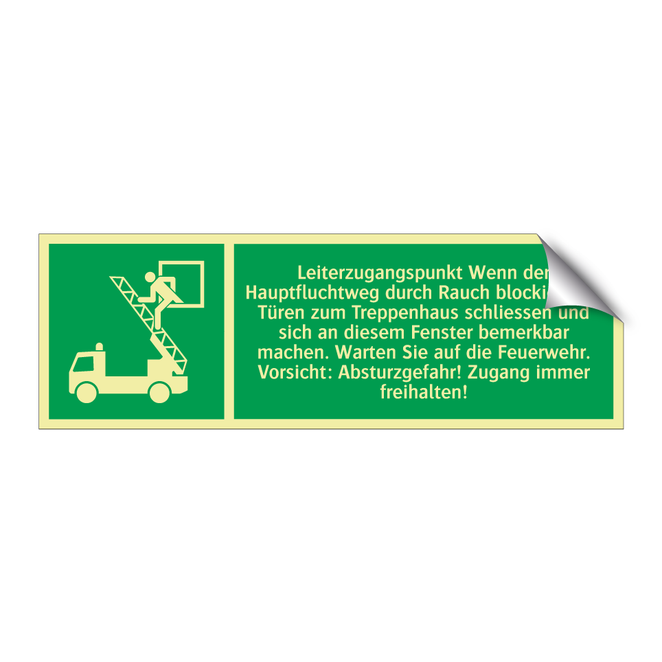 Leiterzugangspunkt Wenn der Hauptfluchtweg durch Rauch blockiert ist: Türen zum Treppenhaus schliessen und sich an diesem Fenster bemerkbar machen. Warten Sie auf die Feuerwehr. Vorsicht: Absturzgefahr! Zugang immer freihalten!