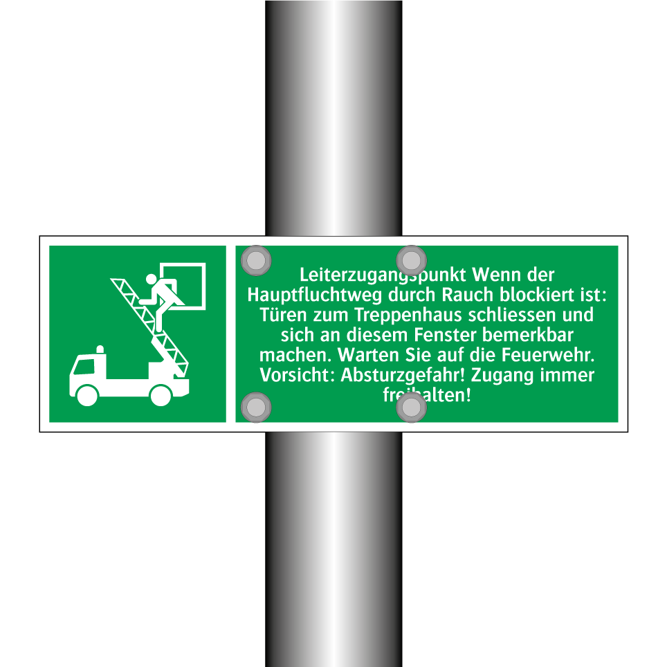 Leiterzugangspunkt Wenn der Hauptfluchtweg durch Rauch blockiert ist: Türen zum Treppenhaus schliessen und sich an diesem Fenster bemerkbar machen. Warten Sie auf die Feuerwehr. Vorsicht: Absturzgefahr! Zugang immer freihalten!