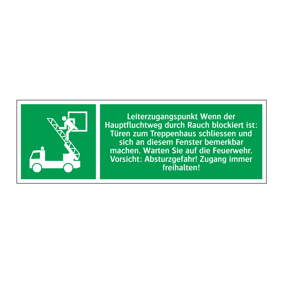 Leiterzugangspunkt Wenn der Hauptfluchtweg durch Rauch blockiert ist: Türen zum Treppenhaus schliessen und sich an diesem Fenster bemerkbar machen. Warten Sie auf die Feuerwehr. Vorsicht: Absturzgefahr! Zugang immer freihalten!