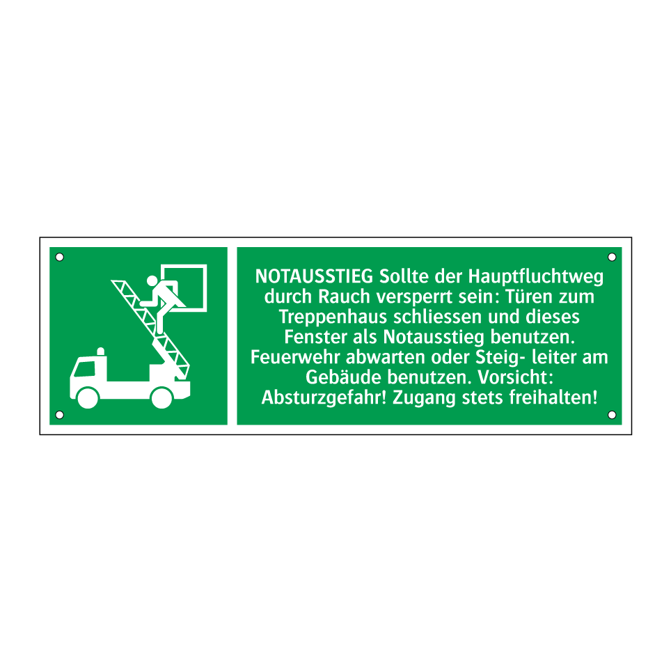 NOTAUSSTIEG Sollte der Hauptfluchtweg durch Rauch versperrt sein: Türen zum Treppenhaus schliessen und dieses Fenster als Notausstieg benutzen. Feuerwehr abwarten oder Steig- leiter am Gebäude benutzen. Vorsicht: Absturzgefahr! Zugang stets freihalten!
