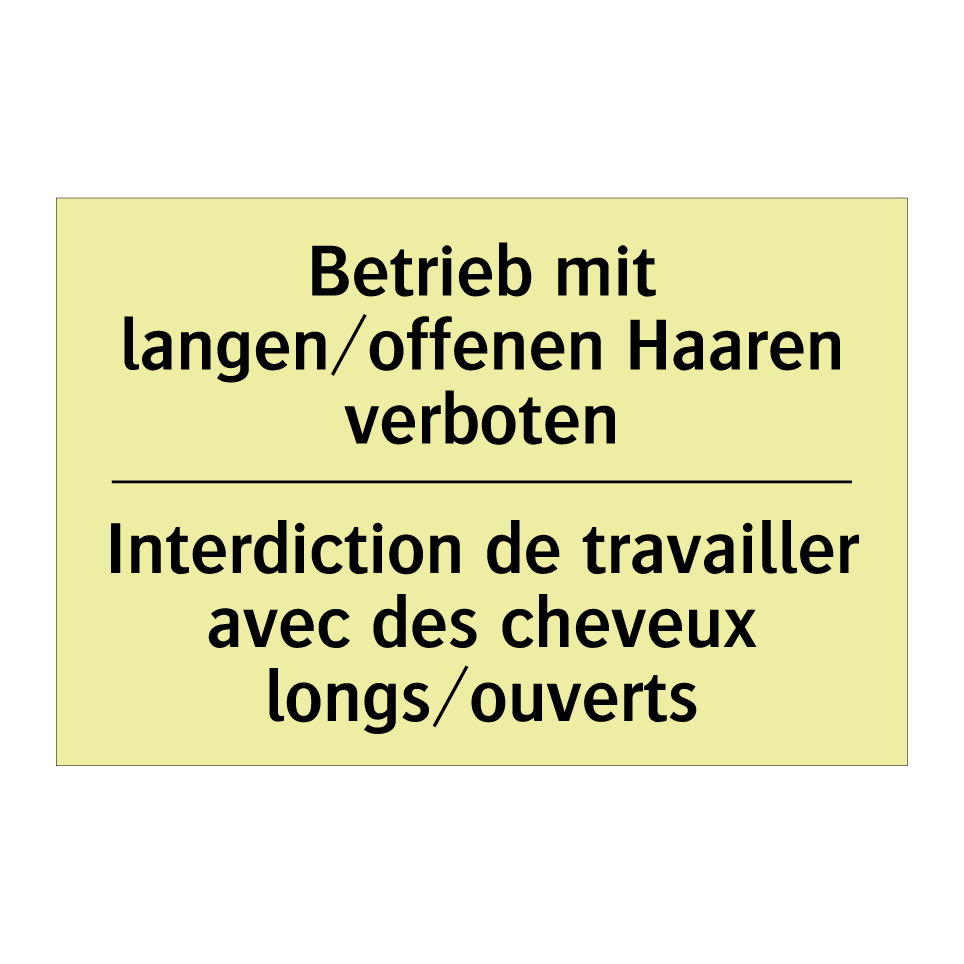 Betrieb mit langen/offenen Haaren /.../ - Interdiction de travailler avec /.../