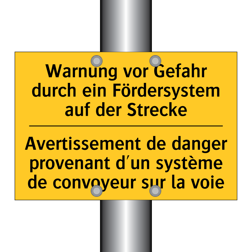 Warnung vor Gefahr durch ein Fördersystem  /.../ - Avertissement de danger provenant  /.../