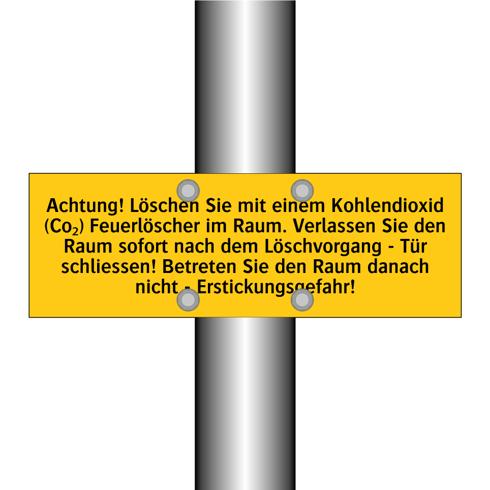 Achtung! Löschen Sie mit einem Kohlendioxid (Co₂) Feuerlöscher im Raum. Verlassen Sie den Raum sofort nach dem Löschvorgang - Tür schliessen! Betreten Sie den Raum danach nicht - Erstickungsgefahr!
