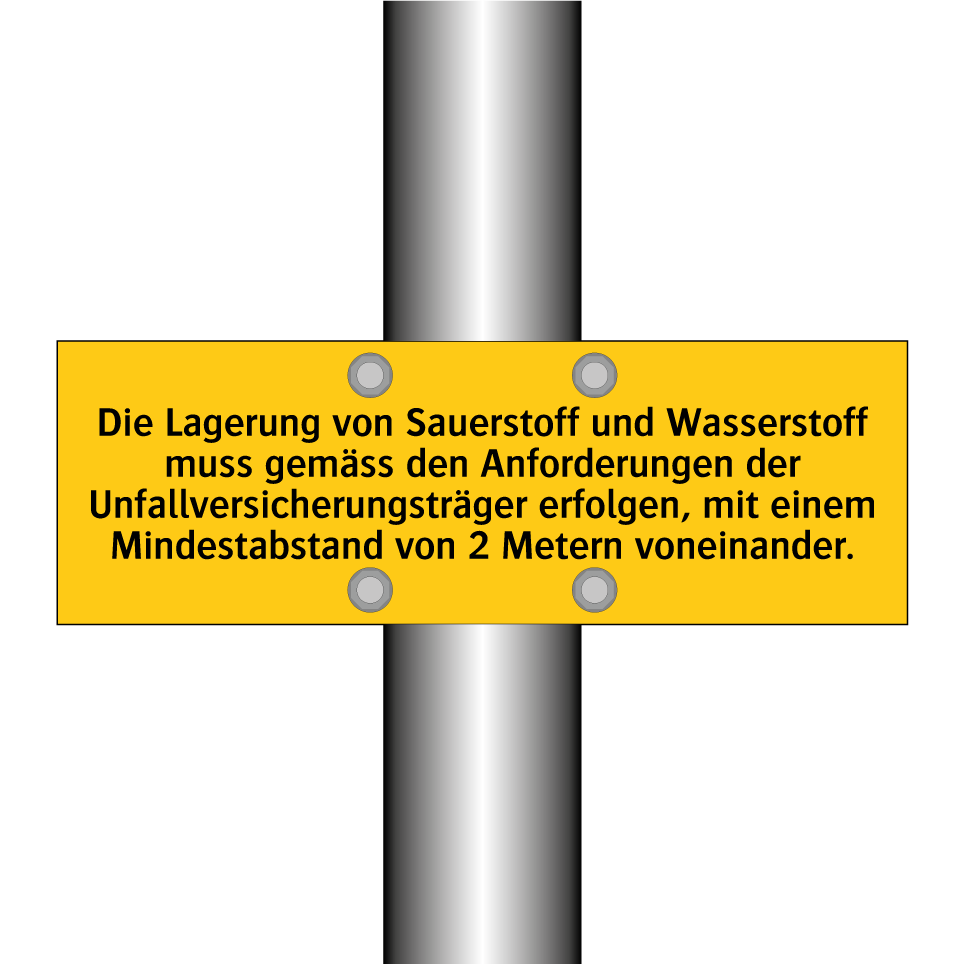 Die Lagerung von Sauerstoff und Wasserstoff muss gemäss den Anforderungen der Unfallversicherungsträger erfolgen, mit einem Mindestabstand von 2 Metern voneinander.