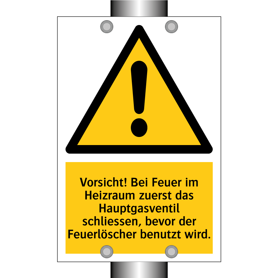 Vorsicht! Bei Feuer im Heizraum zuerst das Hauptgasventil schliessen, bevor der Feuerlöscher benutzt wird.
