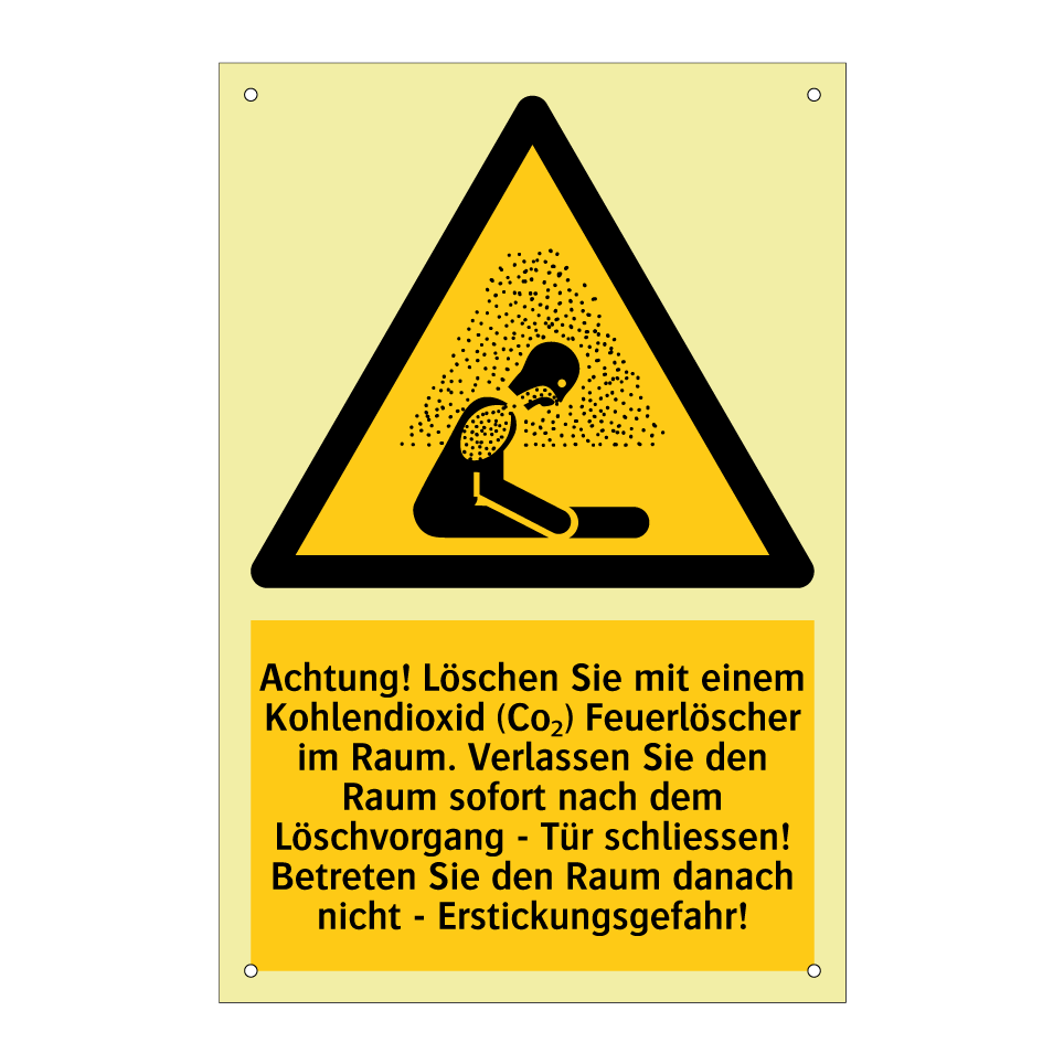 Achtung! Löschen Sie mit einem Kohlendioxid (Co₂) Feuerlöscher im Raum. Verlassen Sie den Raum sofort nach dem Löschvorgang - Tür schliessen! Betreten Sie den Raum danach nicht - Erstickungsgefahr!