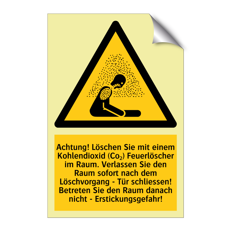 Achtung! Löschen Sie mit einem Kohlendioxid (Co₂) Feuerlöscher im Raum. Verlassen Sie den Raum sofort nach dem Löschvorgang - Tür schliessen! Betreten Sie den Raum danach nicht - Erstickungsgefahr!
