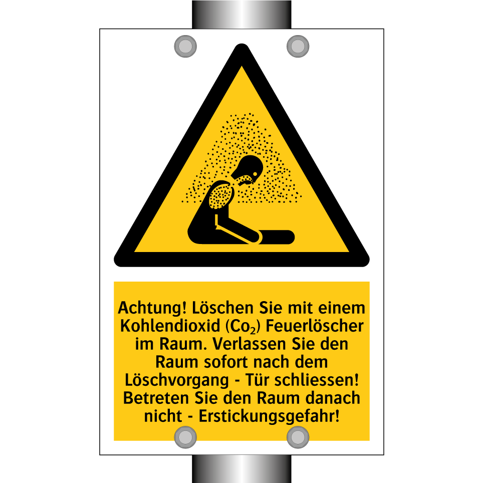 Achtung! Löschen Sie mit einem Kohlendioxid (Co₂) Feuerlöscher im Raum. Verlassen Sie den Raum sofort nach dem Löschvorgang - Tür schliessen! Betreten Sie den Raum danach nicht - Erstickungsgefahr!