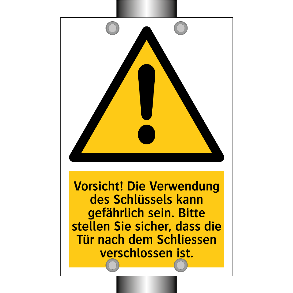 Vorsicht! Die Verwendung des Schlüssels kann gefährlich sein. Bitte stellen Sie sicher, dass die Tür nach dem Schliessen verschlossen ist.