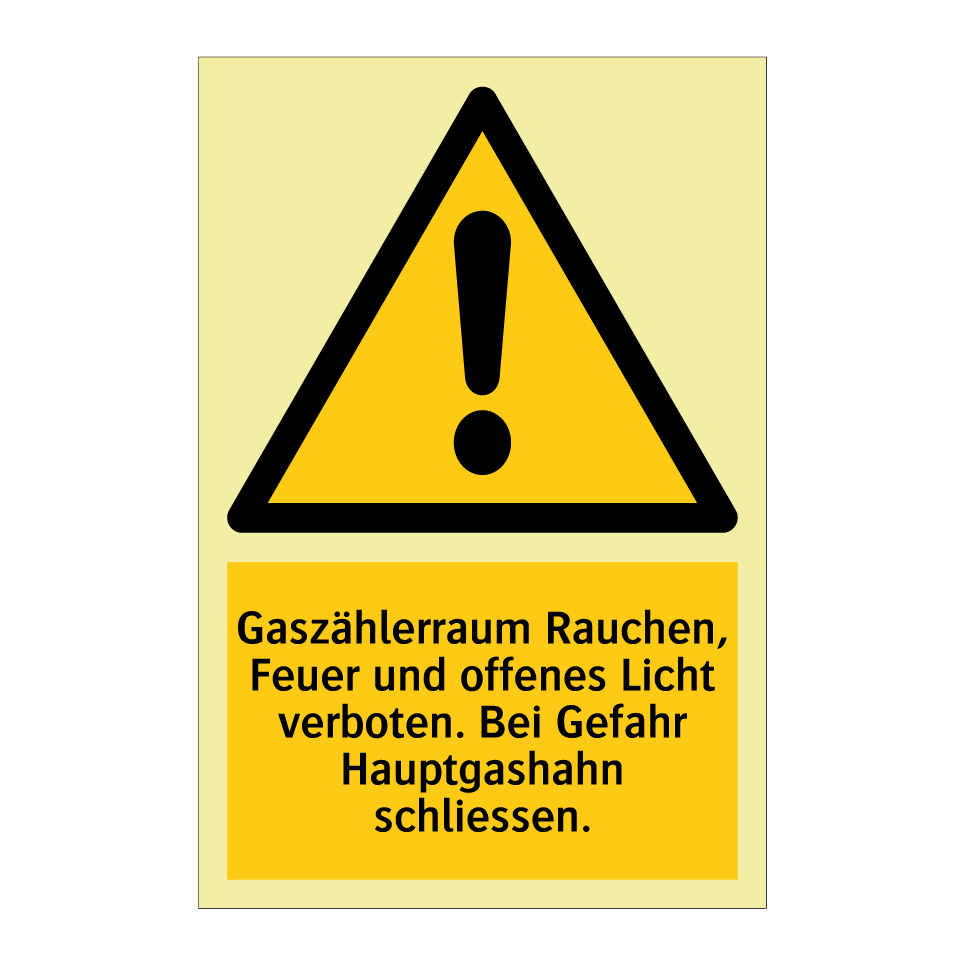 Gaszählerraum Rauchen, Feuer und offenes Licht verboten. Bei Gefahr Hauptgashahn schliessen.