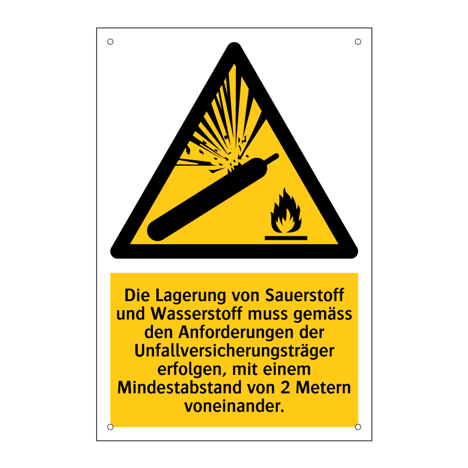 Die Lagerung von Sauerstoff und Wasserstoff muss gemäss den Anforderungen der Unfallversicherungsträger erfolgen, mit einem Mindestabstand von 2 Metern voneinander.