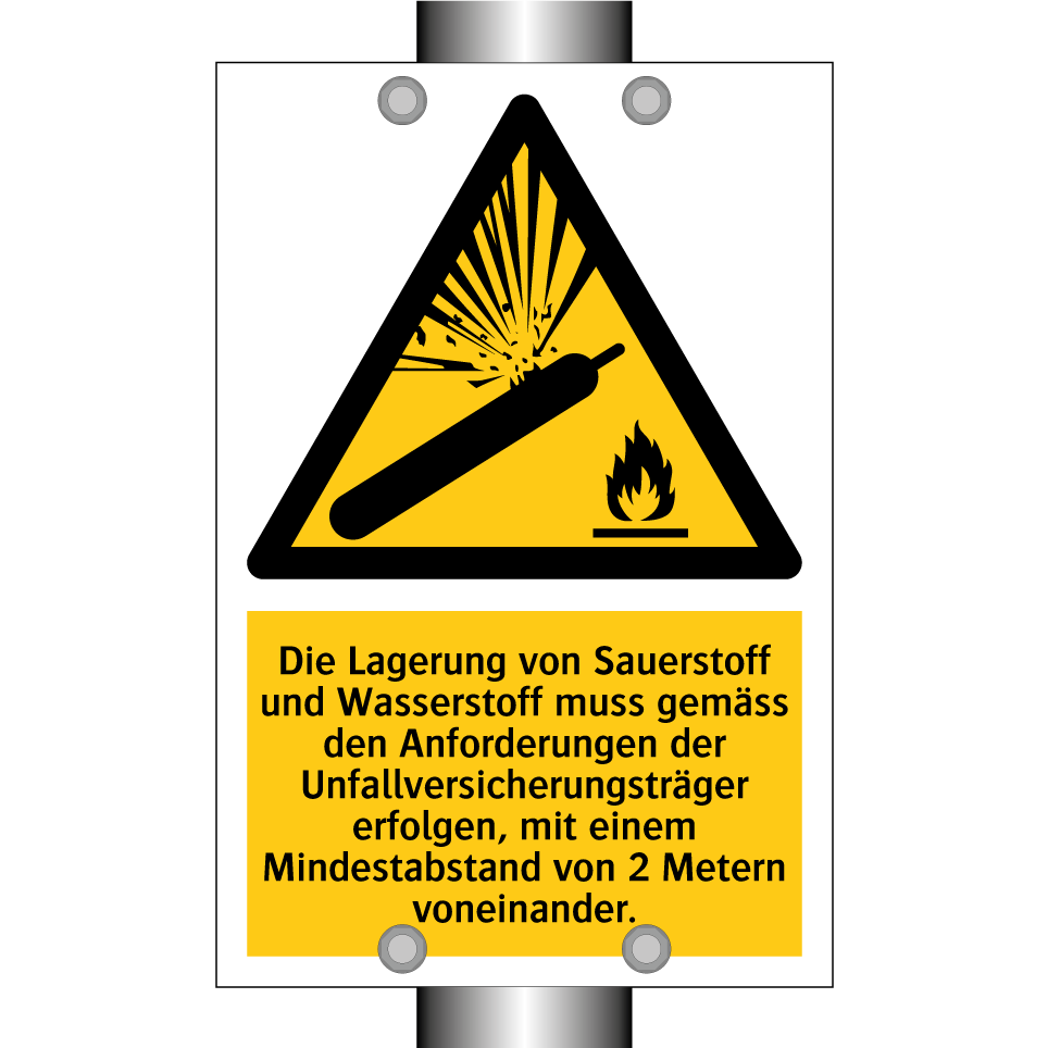 Die Lagerung von Sauerstoff und Wasserstoff muss gemäss den Anforderungen der Unfallversicherungsträger erfolgen, mit einem Mindestabstand von 2 Metern voneinander.