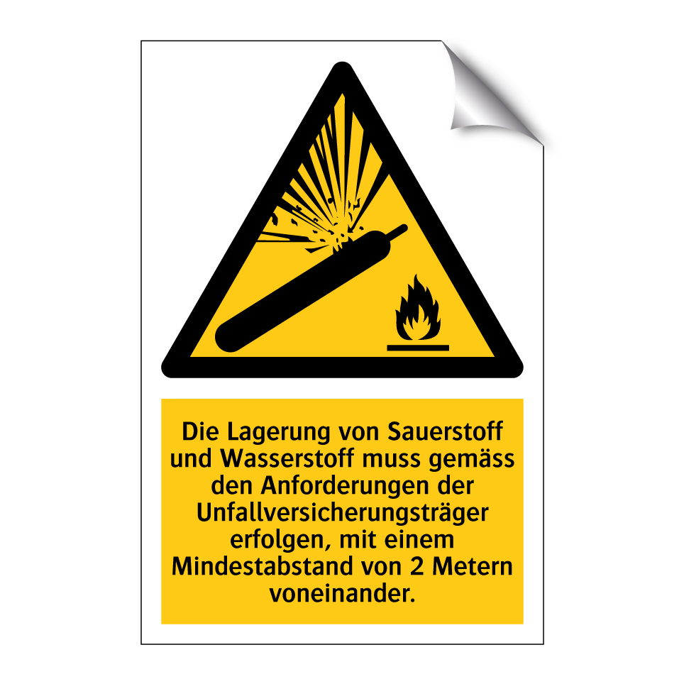 Die Lagerung von Sauerstoff und Wasserstoff muss gemäss den Anforderungen der Unfallversicherungsträger erfolgen, mit einem Mindestabstand von 2 Metern voneinander.