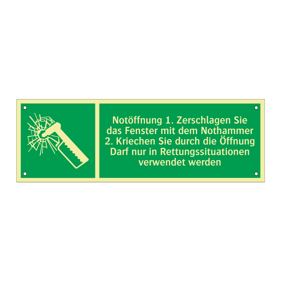 Notöffnung 1. Zerschlagen Sie das Fenster mit dem Nothammer 2. Kriechen Sie durch die Öffnung Darf nur in Rettungssituationen verwendet werden