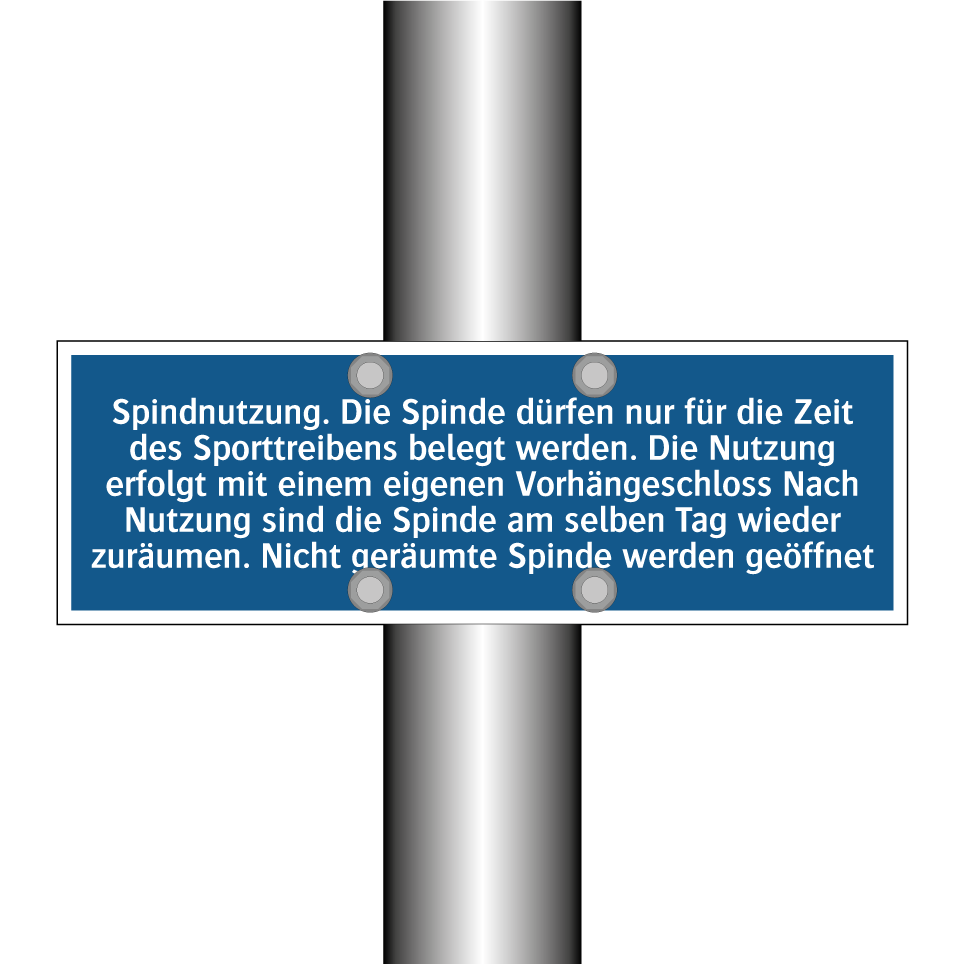 Spindnutzung. Die Spinde dürfen nur für die Zeit des Sporttreibens belegt werden. Die Nutzung erfolgt mit einem eigenen Vorhängeschloss Nach Nutzung sind die Spinde am selben Tag wieder zuräumen. Nicht geräumte Spinde werden geöffnet