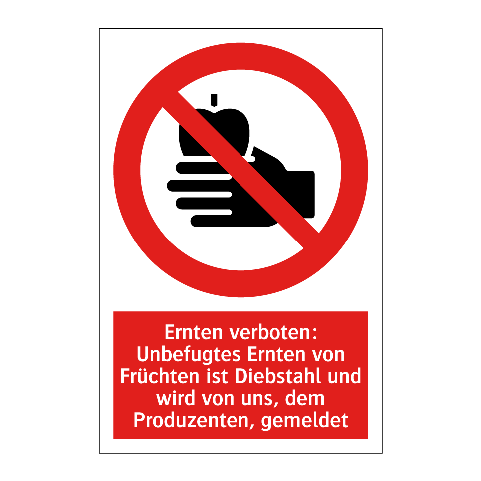 Ernten verboten: Unbefugtes Ernten von Früchten ist Diebstahl und wird von uns, dem Produzenten, gemeldet