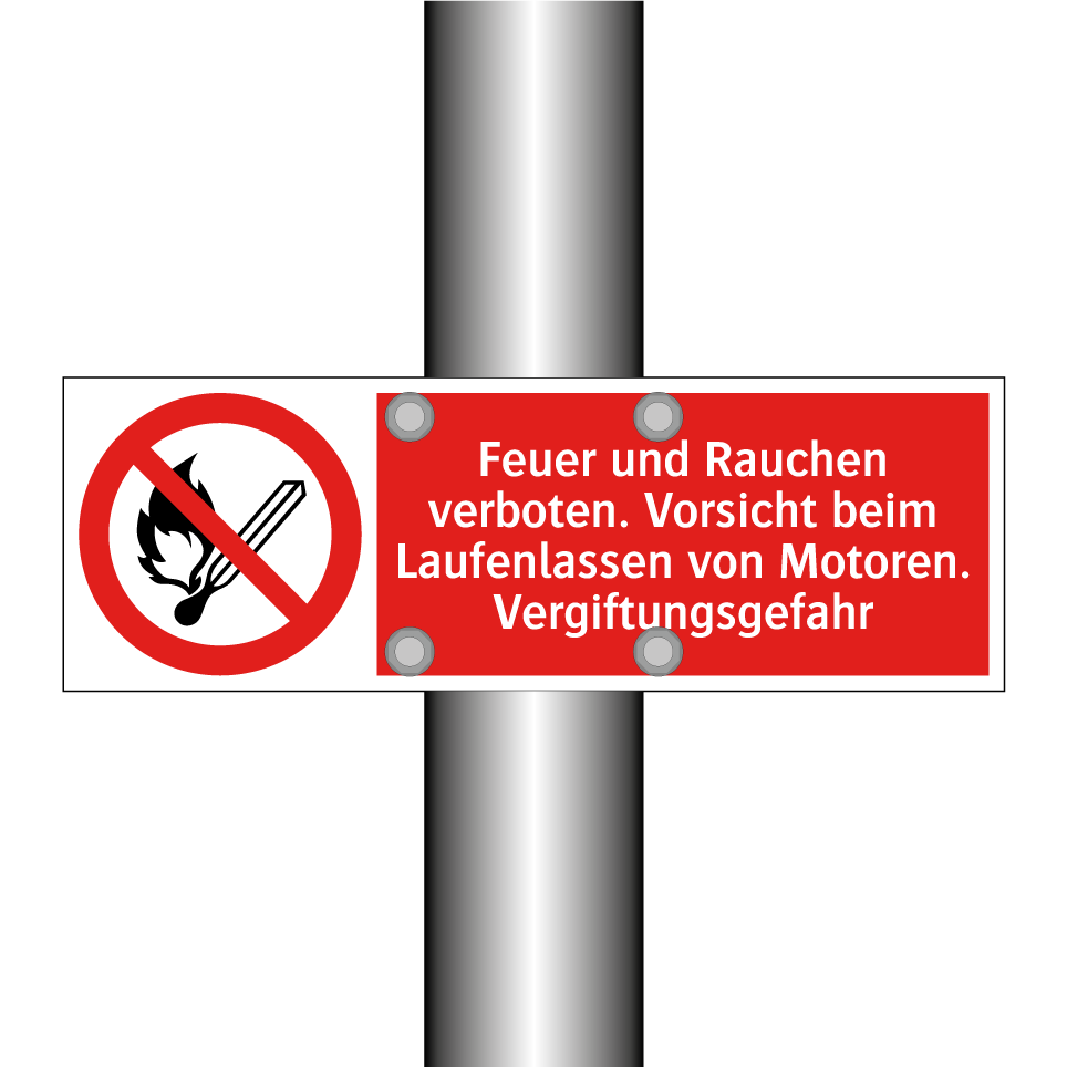 Feuer und Rauchen verboten. Vorsicht beim Laufenlassen von Motoren. Vergiftungsgefahr
