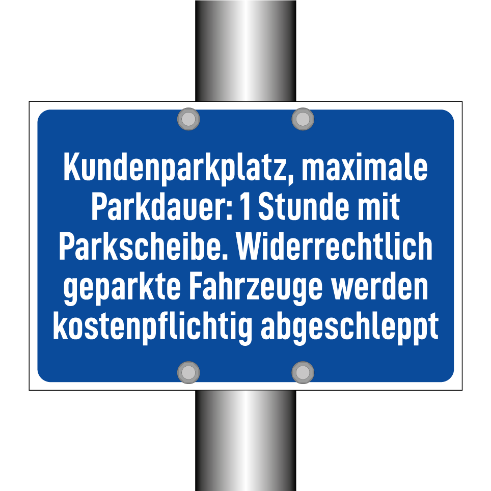 Kundenparkplatz, maximale Parkdauer: 1 Stunde mit Parkscheibe. Widerrechtlich geparkte Fahrzeuge werden kostenpflichtig abgeschleppt
