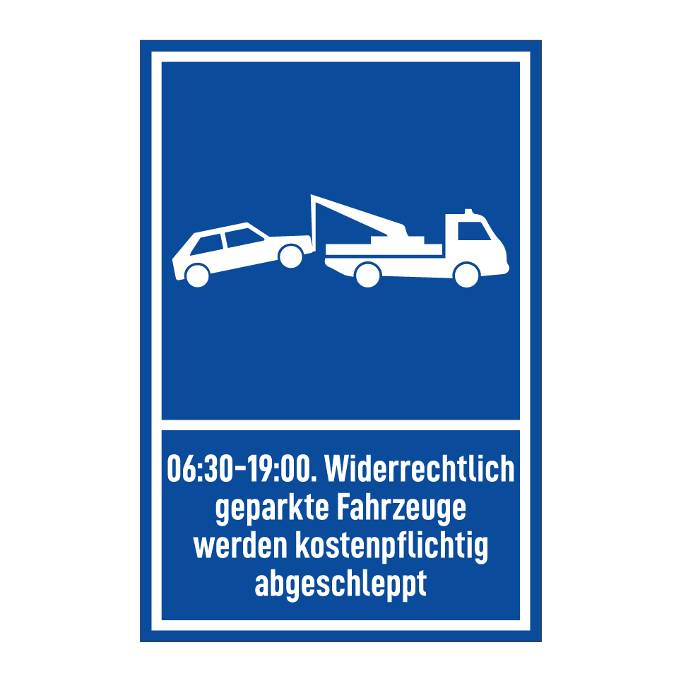 06:30-19:00. Widerrechtlich geparkte Fahrzeuge werden kostenpflichtig abgeschleppt