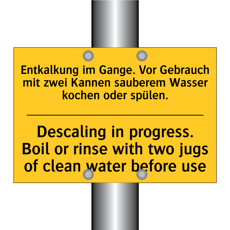 Entkalkung im Gange. Vor Gebrauch /.../ - Descaling in progress. Boil or /.../