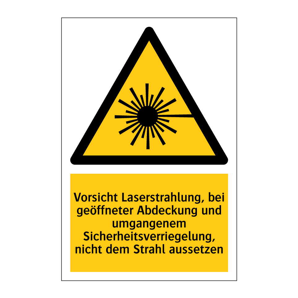 Vorsicht Laserstrahlung, bei geöffneter Abdeckung und umgangenem Sicherheitsverriegelung, nicht dem Strahl aussetzen