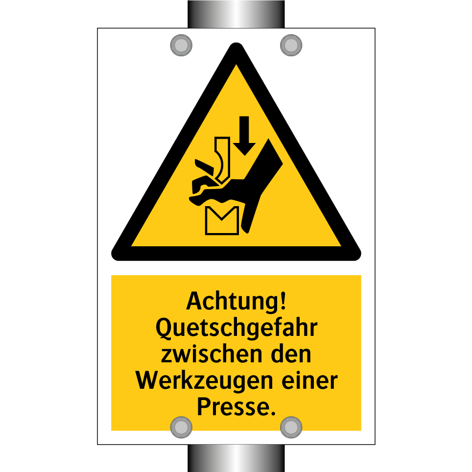 Achtung! Quetschgefahr zwischen den Werkzeugen einer Presse.