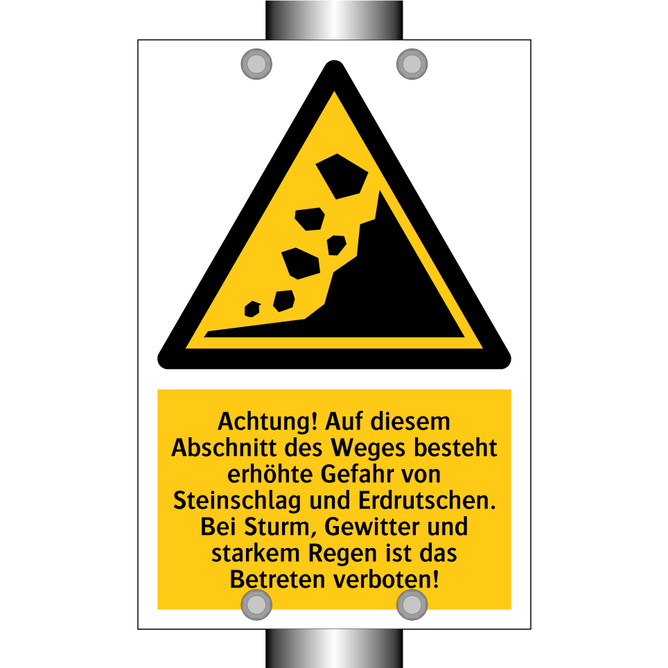 Achtung! Auf diesem Abschnitt des Weges besteht erhöhte Gefahr von Steinschlag und Erdrutschen. Bei Sturm, Gewitter und starkem Regen ist das Betreten verboten!
