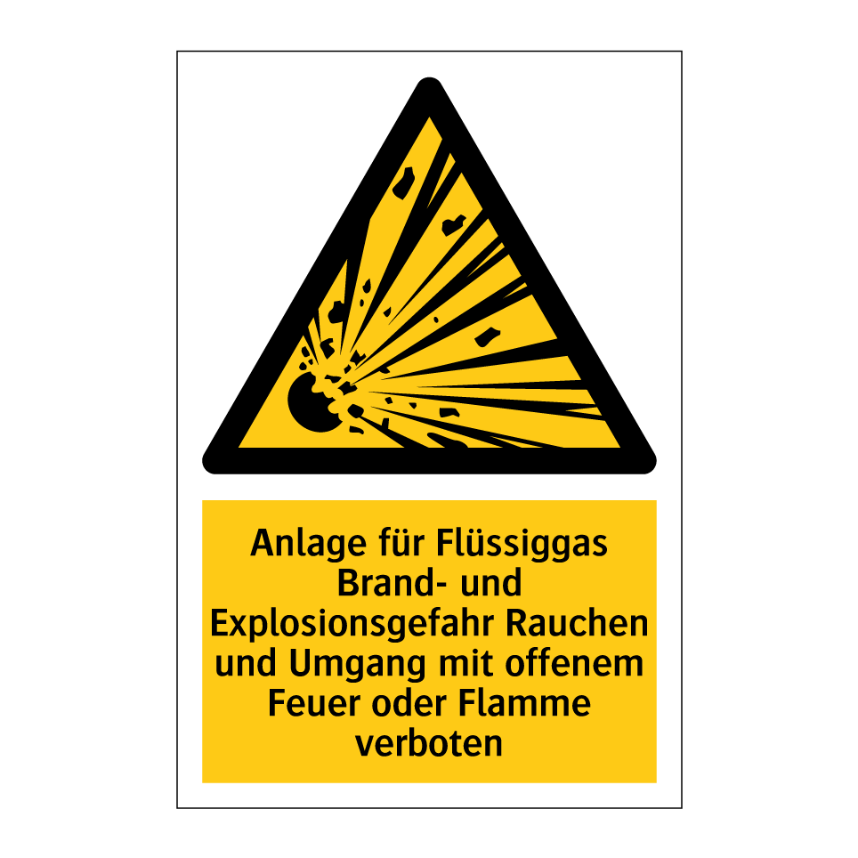 Anlage für Flüssiggas Brand- und Explosionsgefahr Rauchen und Umgang mit offenem Feuer oder Flamme verboten