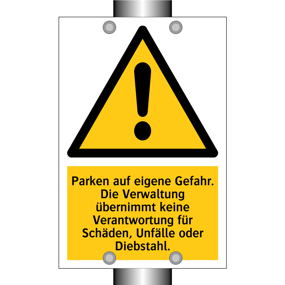 Parken auf eigene Gefahr. Die Verwaltung übernimmt keine Verantwortung für Schäden, Unfälle oder Diebstahl.