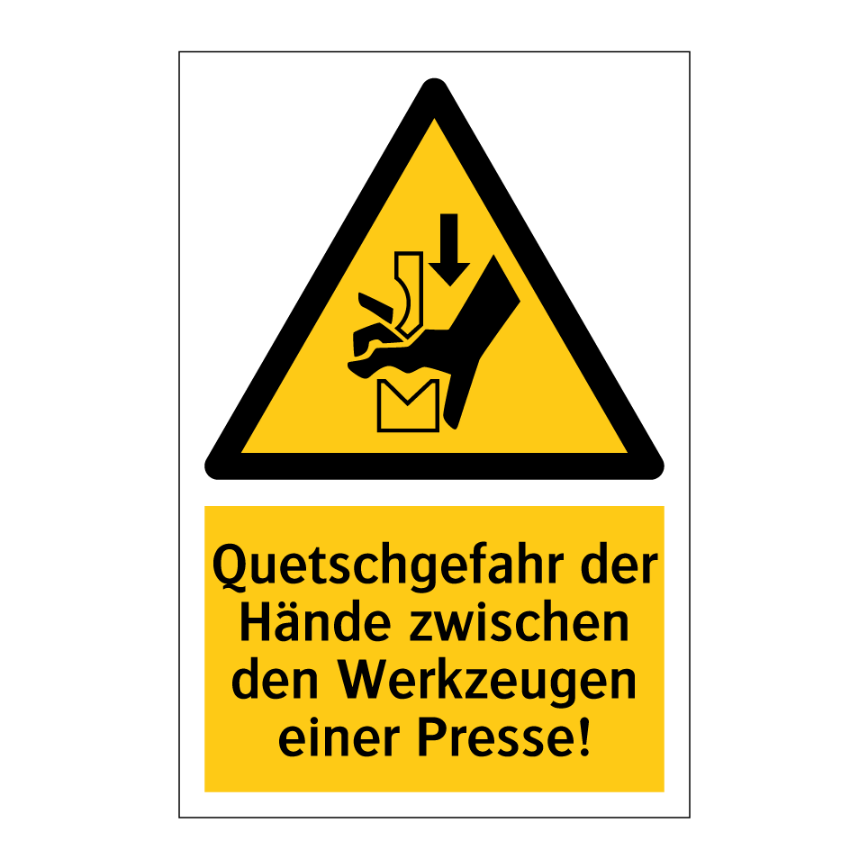 Quetschgefahr der Hände zwischen den Werkzeugen einer Presse!