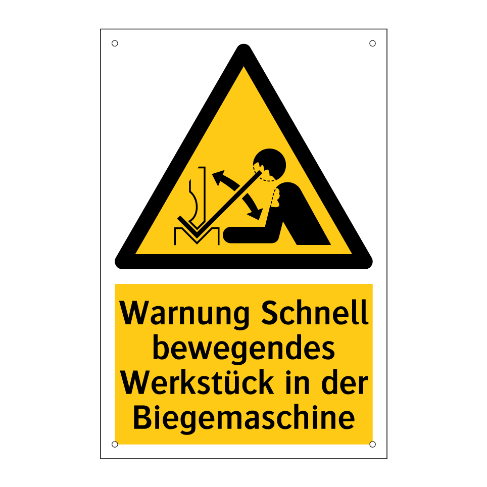 Warnung Schnell bewegendes Werkstück in der Biegemaschine