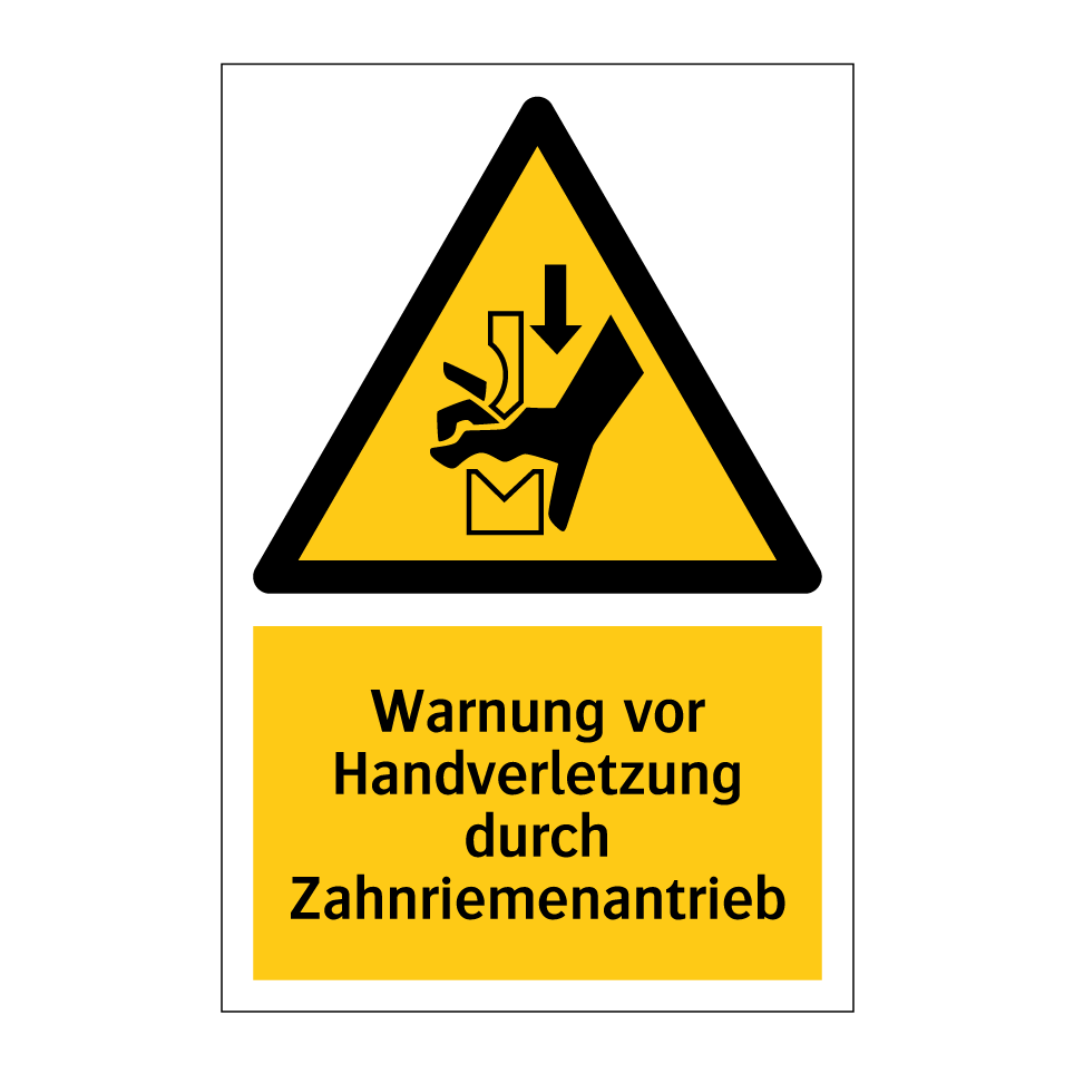 Warnung vor Handverletzung durch Zahnriemenantrieb